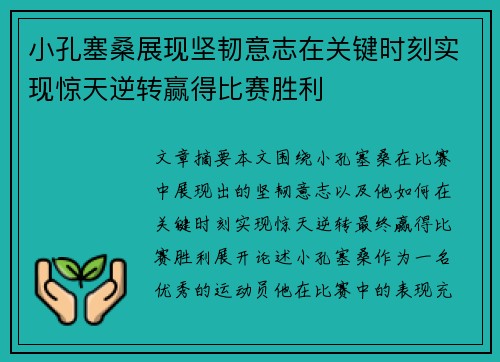 小孔塞桑展现坚韧意志在关键时刻实现惊天逆转赢得比赛胜利 小孔塞桑展现坚韧意志在关键时刻实现惊天逆转赢得比赛胜利