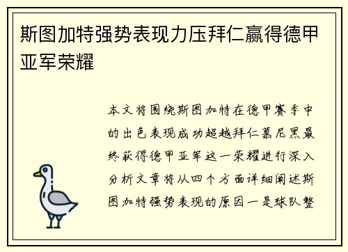 斯图加特强势表现力压拜仁赢得德甲亚军荣耀